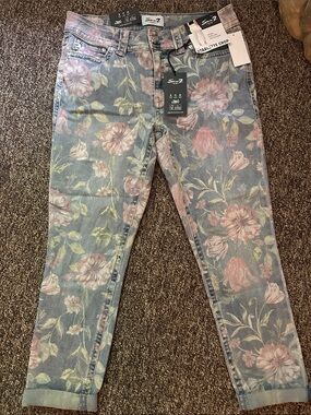 Seven7 Pink Floral Ankle Crop Jeans on Light Blue Denim